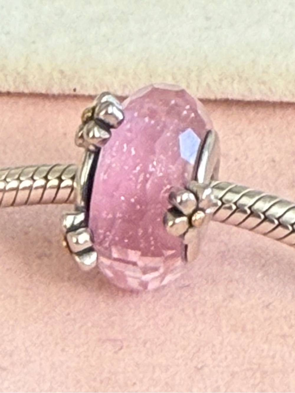 Pink Floral faceted Murano Glass Charm fit Pandora Bracelets